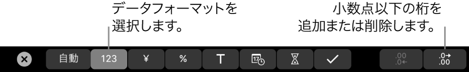 MacBook ProのTouch Bar。データフォーマットを選択したり、数値の小数点を追加または削除したりするコントロールがあります。