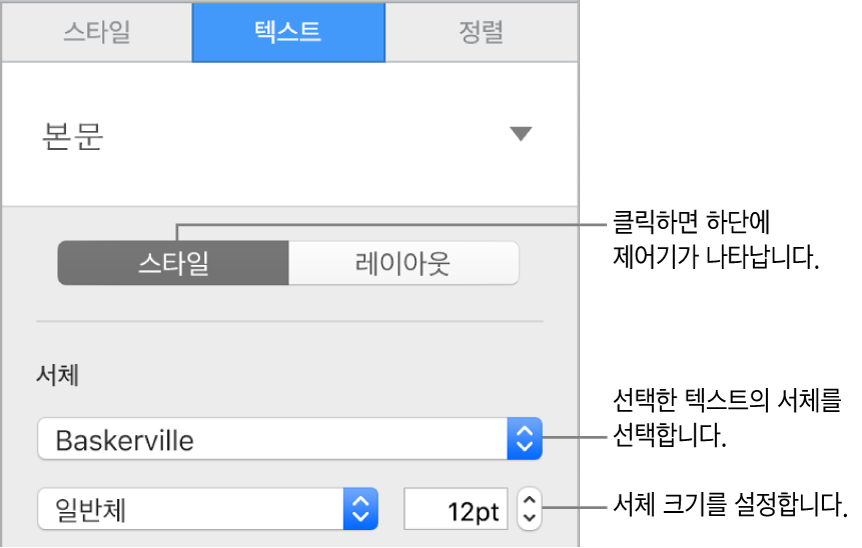 서체 및 서체 크기 설정을 위한 포맷 사이드바 스타일 섹션의 텍스트 제어기.