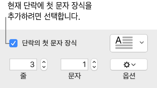 ‘단락의 첫 문자 장식’ 체크상자가 선택되어 있고 그 오른쪽에 팝업 메뉴가 나타남. 그 아래에는 줄 높이, 문자 수 및 기타 옵션을 설정하는 제어기가 있음.