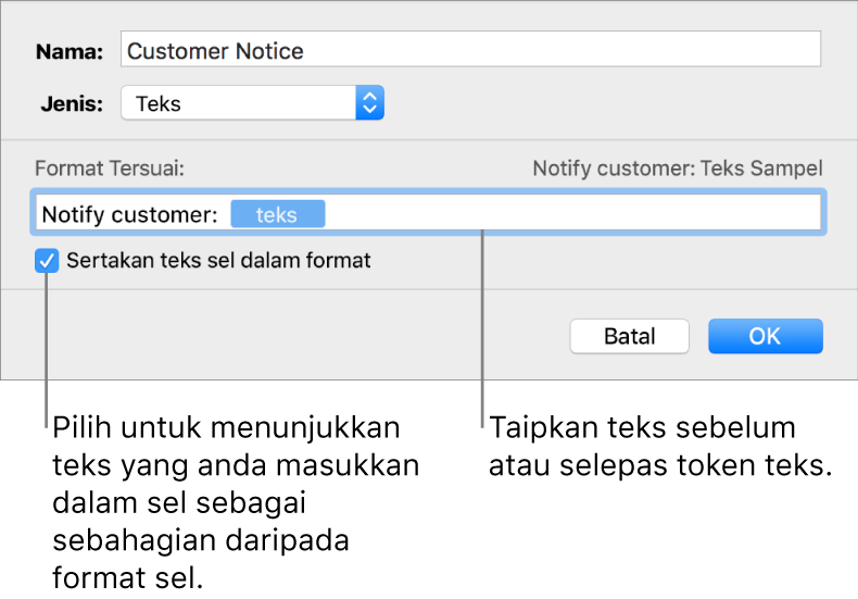 Format sel teks tersuai.