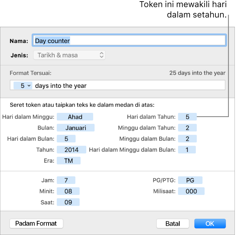 Format sel tarikh dan masa tersuai.