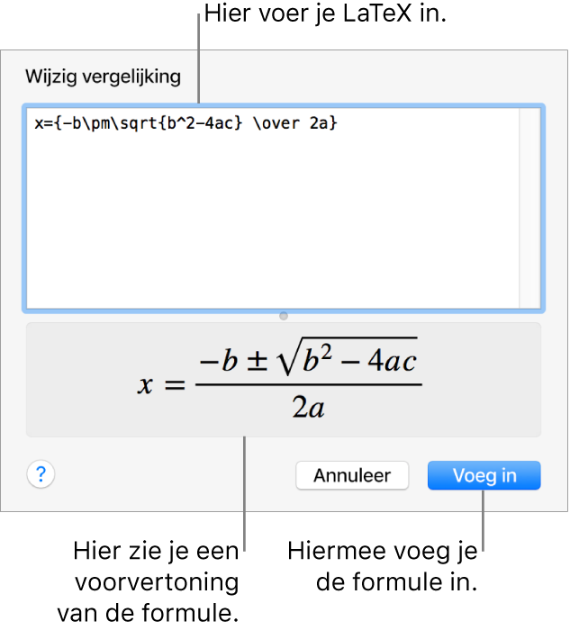 In het veld 'Vergelijking' staat een LaTeX-wortelformule, met daaronder een voorvertoning van de formule.