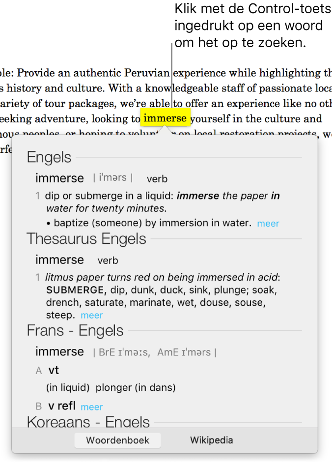 Tekst met een gemarkeerd woord en een venster met de definitie en een thesaurusvermelding. Onder in het venster staan de knop voor het woordenboek en de knop voor Wikipedia.
