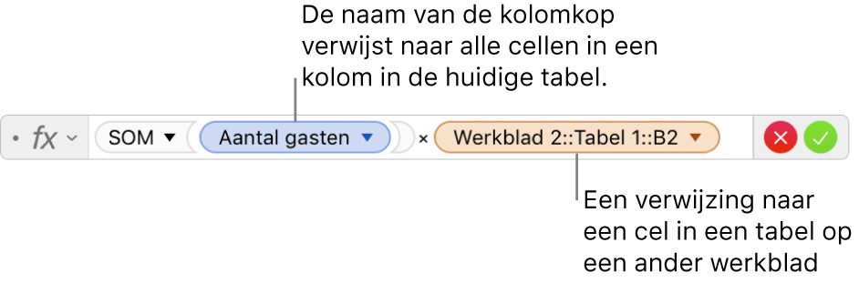 De formule-editor met een formule die verwijst naar een kolom in de ene tabel en een cel in een andere tabel.
