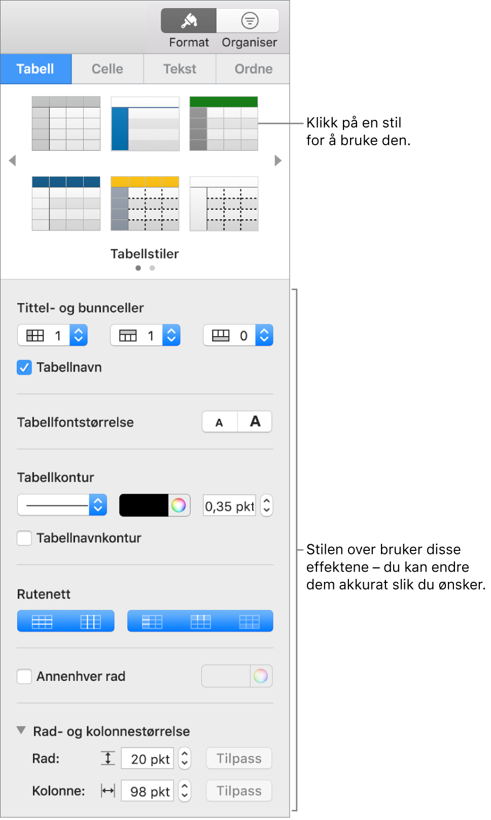 Format-sidepanelet, som viser tabellstiler og formateringsvalg.