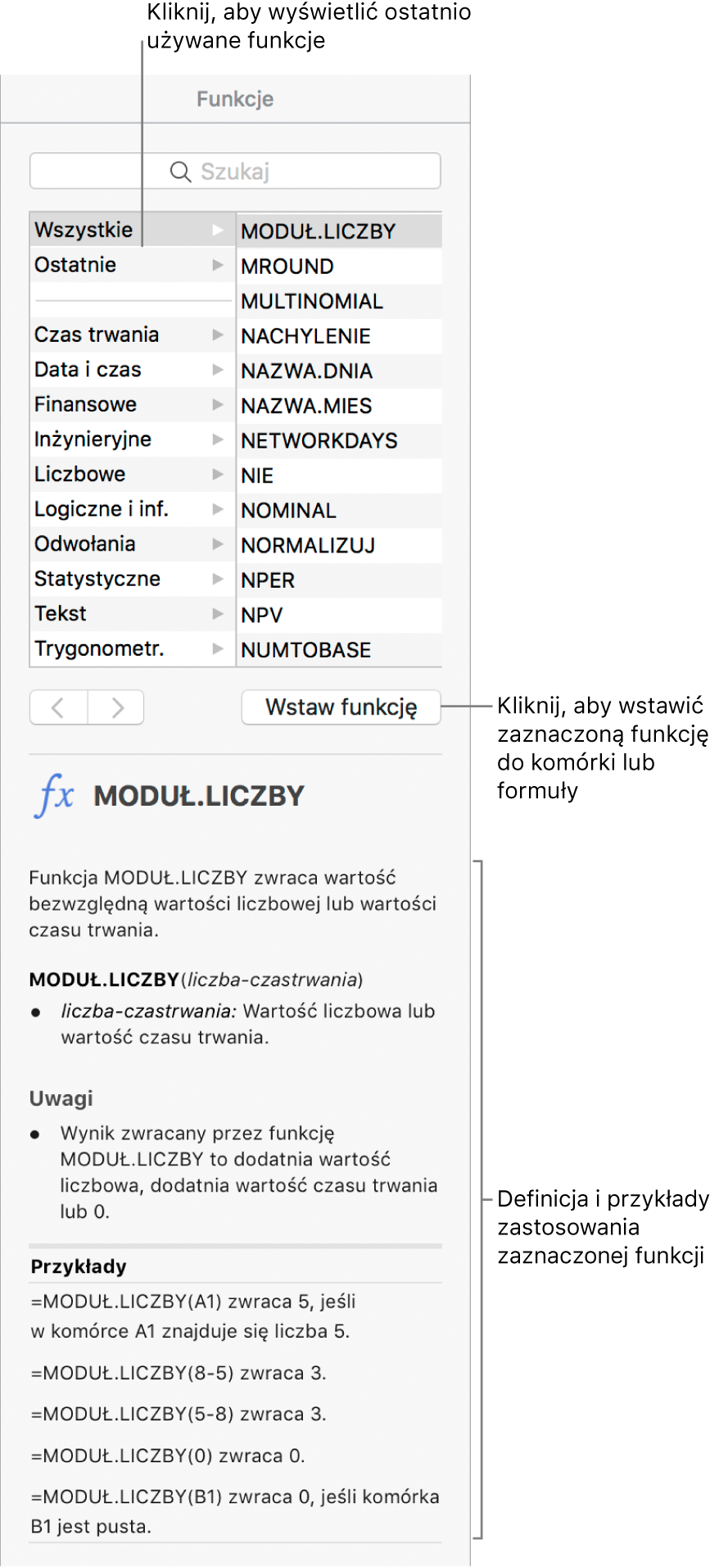 Przeglądarka funkcji z objaśnieniami wskazującymi ostatnio używane funkcje, przycisk wstawiania funkcji oraz definicję funkcji.