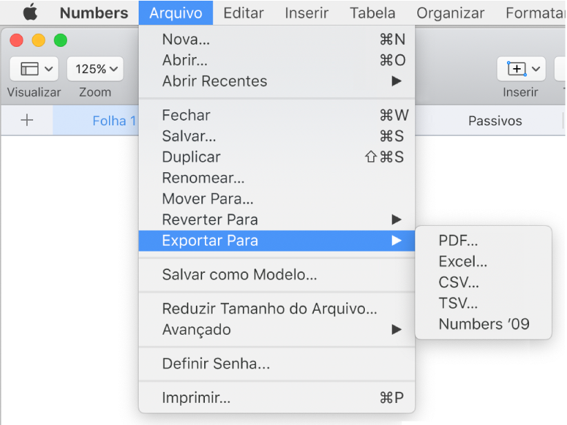 Menu Arquivo aberto com Exportar para selecionado e submenu mostrando opções em PDF, Excel, CSV e Numbers ’09.