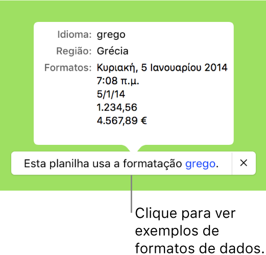 A notificação da configuração diferente de idioma e região, com exemplos de formatação no idioma e região diferentes.