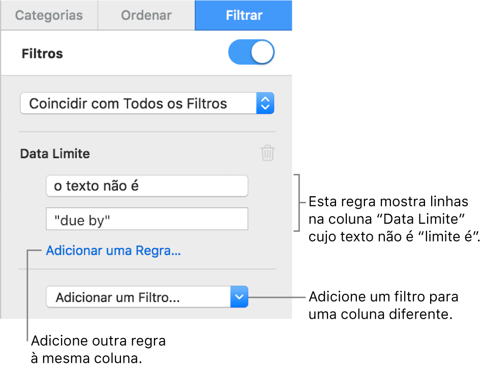 Controles para criação de regras de filtragem.