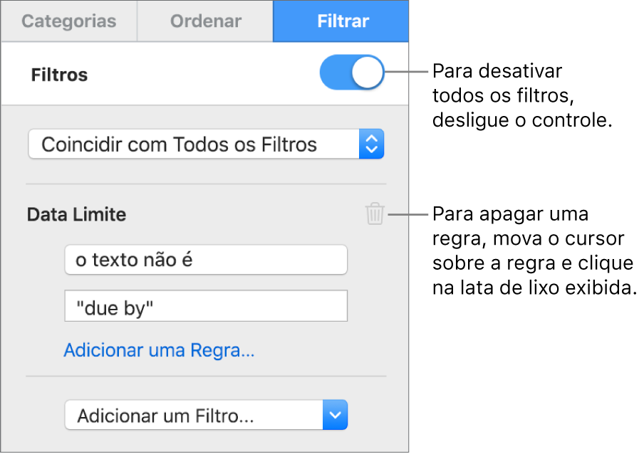 Controles para apagar um filtro ou desativar todos os filtros.