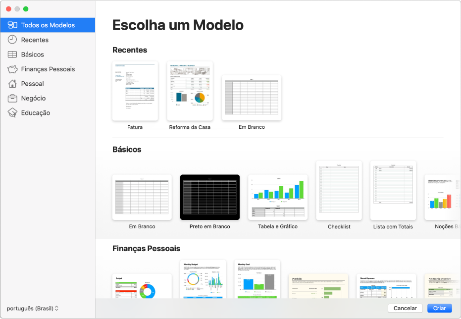 O seletor de modelos. Uma barra lateral à esquerda lista as categorias de modelos que podem ser clicadas para filtrar opções. À direita estão miniaturas de modelos predefinidos organizadas em linhas por categoria, começando com Recentes na parte superior e seguidas por Básico e Finanças Pessoais. O menu local “Idioma e Região” está no canto inferior esquerdo e os botões Cancelar e Criar estão no canto inferior direito.