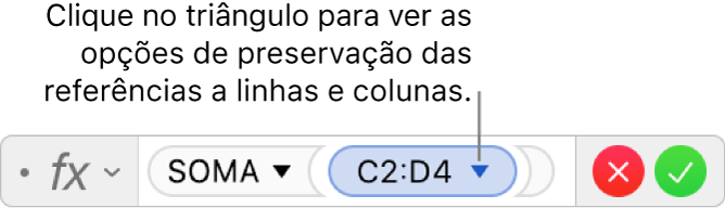 O editor de fórmulas a mostrar como preservar a linha e coluna de uma referência ao intervalo.