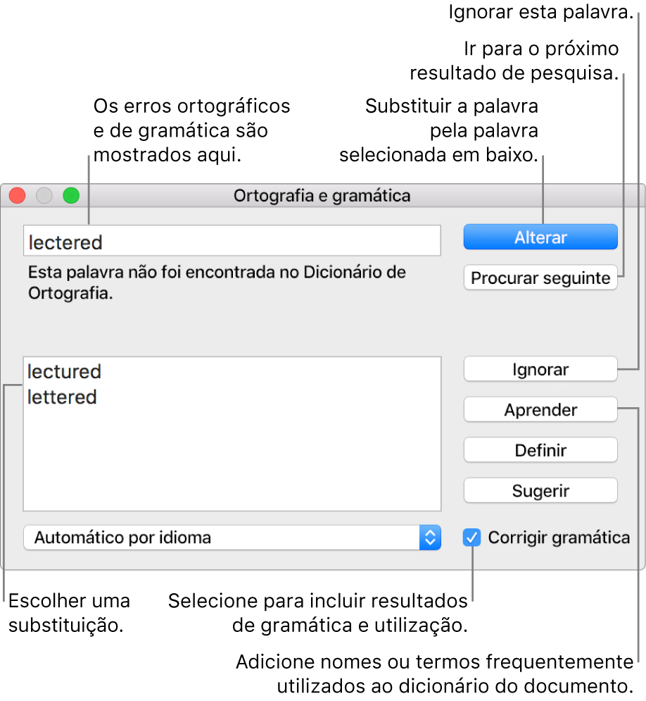 A janela “Ortografia e gramática”.