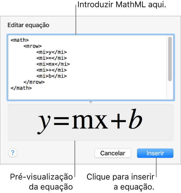 A equação para a inclinação de uma linha no campo “Editar equação” e uma pré-visualização da equação em baixo.