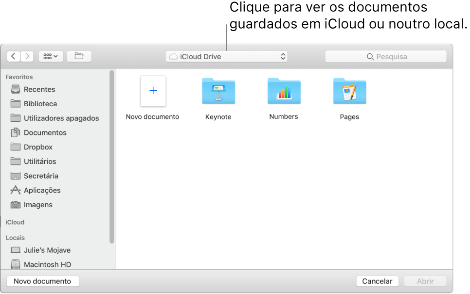 A caixa de diálogo Abrir com a barra lateral aberta à esquerda e iCloud Drive selecionado no menu pop-up na parte superior. As pastas para Keynote, Numbers e Pages aparecem na caixa de diálogo juntamente com um botão “Novo documento”.