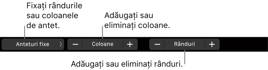 Bara Touch Bar de pe MacBook Pro cu comenzi pentru fixarea rândurilor sau coloanelor de antet, adăugarea sau eliminarea coloanelor și adăugarea sau eliminarea rândurilor.