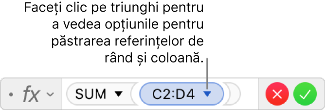 Editorul de formule afișând cum să păstrați rândul și coloana referinței de interval.