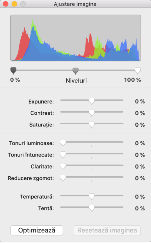 Fereastra Ajustare imagine cu glisoare pentru configurarea expunerii, contrastului, saturației, tonurilor luminoase și întunecate, clarității, reducerii zgomotului, temperaturii și nuanței.