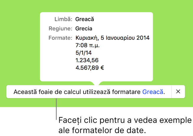 Notificarea privind configurarea limbii și regiunii diferite, afișând exemple de formatare în limba și regiunea respectivă.