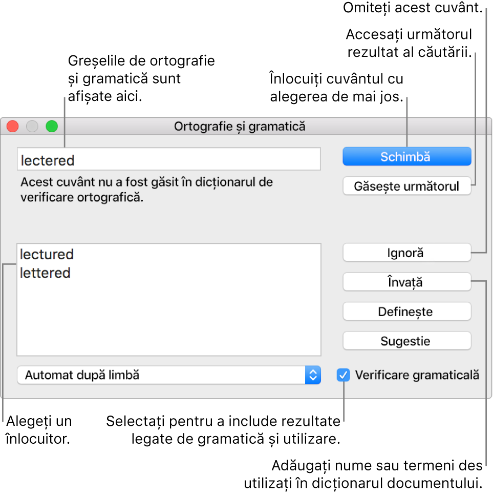 Fereastra Ortografie și gramatică.