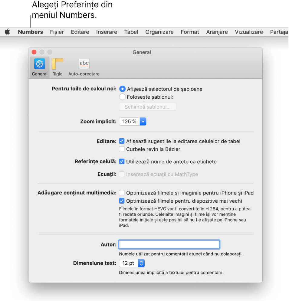 Dialogul Preferințe Numbers afișând panoul de setări General.