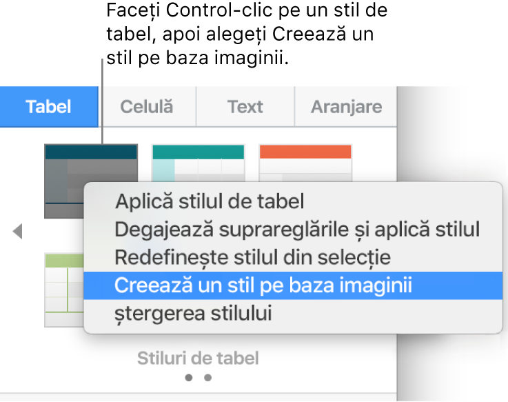 Meniul de scurtături al stilului de tabel.