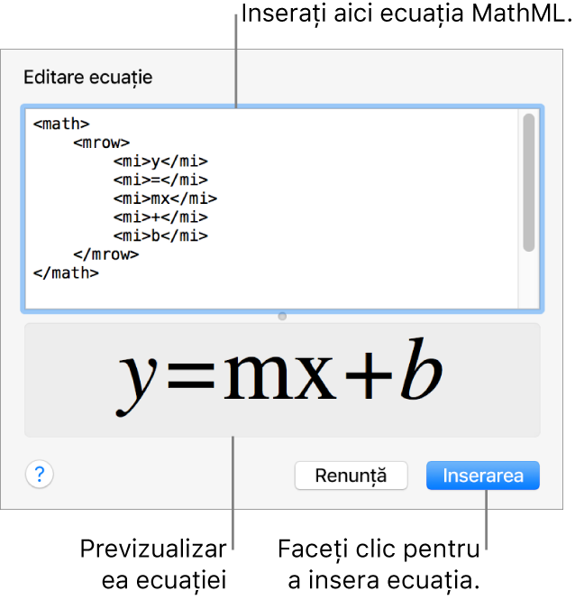 Ecuația pantei unei linii în câmpul Editare ecuație și o previzualizare a formulei dedesubt.