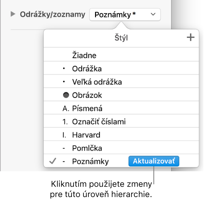 Vyskakovacie menu Štýly zoznamu s tlačidlom Aktualizovať vedľa názvu nového štýlu.