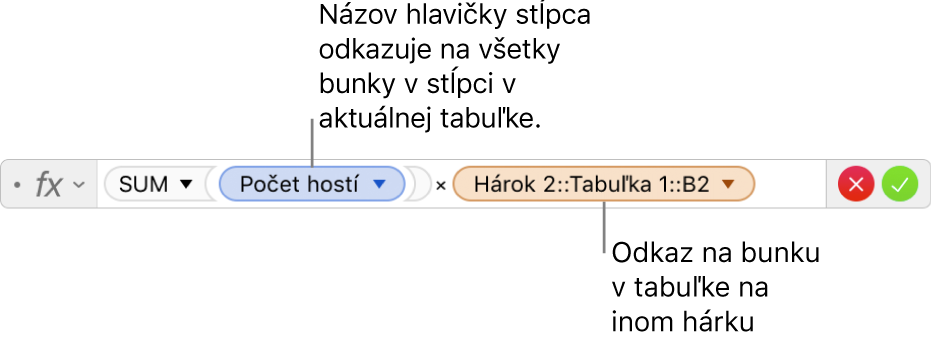 Editor vzorcov so zobrazeným vzorcom odkazujúcim na stĺpec v jednej tabuľke a bunku v druhej tabuľke.