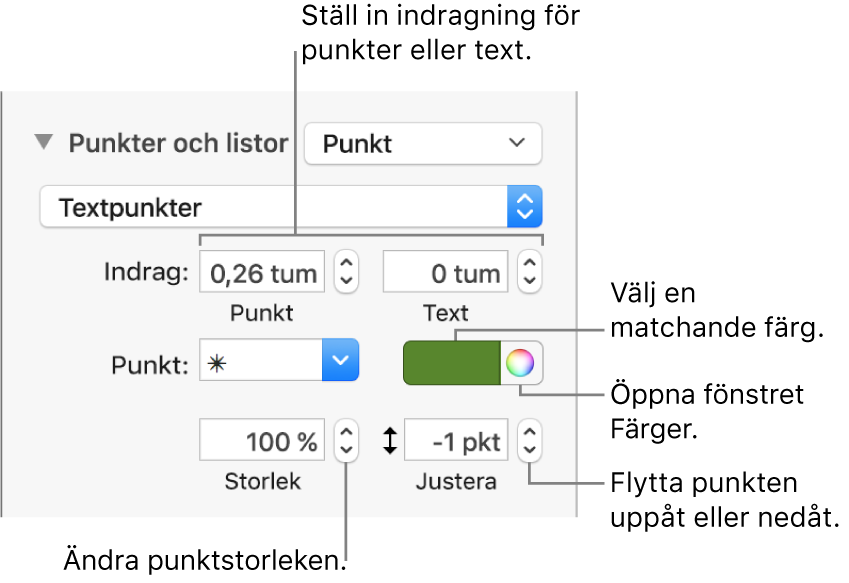 Avsnittet Punkter och listor med linjer som pekar på reglagen för punkt- och textindrag, punktfärg, punktstorlek och justering.