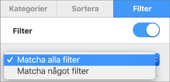 Popupmenyn för val mellan att visa rader som matchar alla filter eller ett filter.