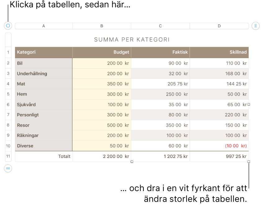 En markerad tabell med vita fyrkanter som används till att ändra storleken.