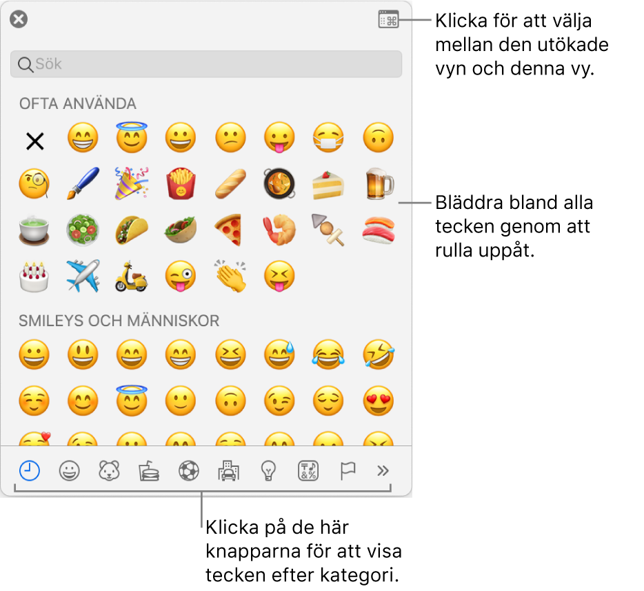 Popuprutan Specialtecken med emoticonsymboler, knappar för olika typer av symboler längst ned och en linje som pekar på knappen för att visa hela teckenfönstret.