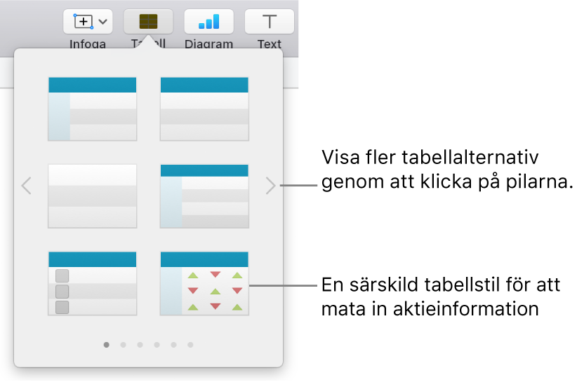 Tabellmenyn som visar miniatyrer för tabellstilar med en särskild stil för att mata in aktieinformation i nedre högra hörnet. Längst ned visas sex punkter vilket betyder att du kan visa fler stilar genom att svepa.