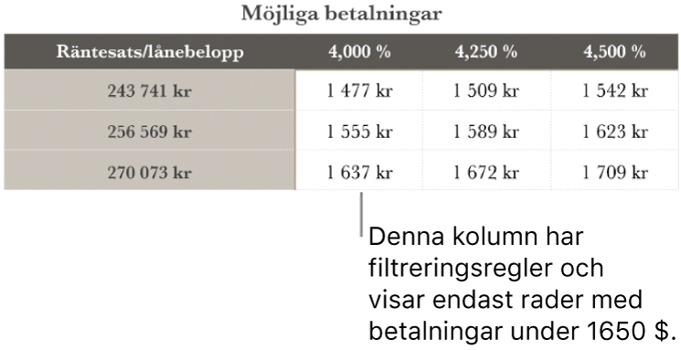 En lånetabell efter det att den har filtrerats efter ekonomiskt hanterbara räntor,