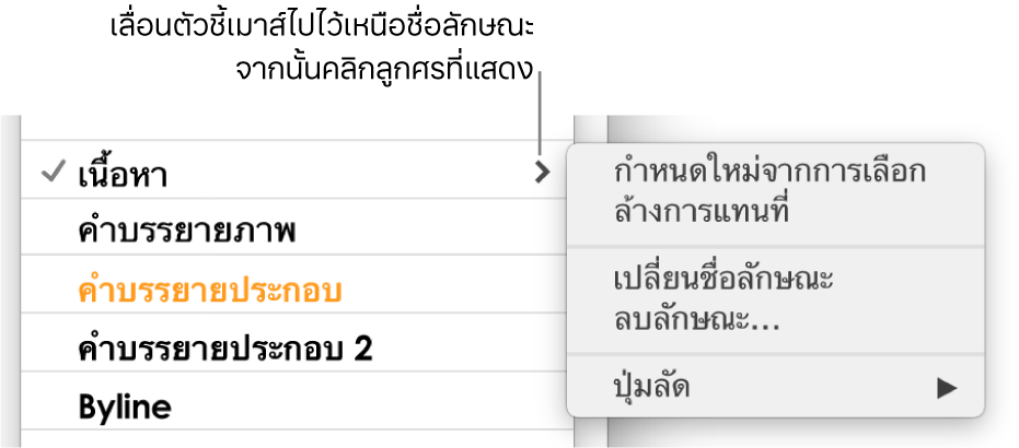 เมนูลักษณะย่อหน้าที่มีเมนูลัดเปิดอยู่