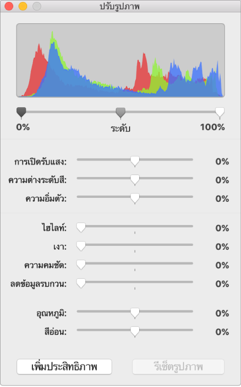 หน้าต่างปรับภาพที่มีตัวเลื่อนเพื่อตั้งค่าการเปิดรับแสง ความต่างระดับสี ความเข้มสี ไฮไลท์ เงา ความชัด ลดนอยซ์ อุณหภูมิ และสีอ่อน