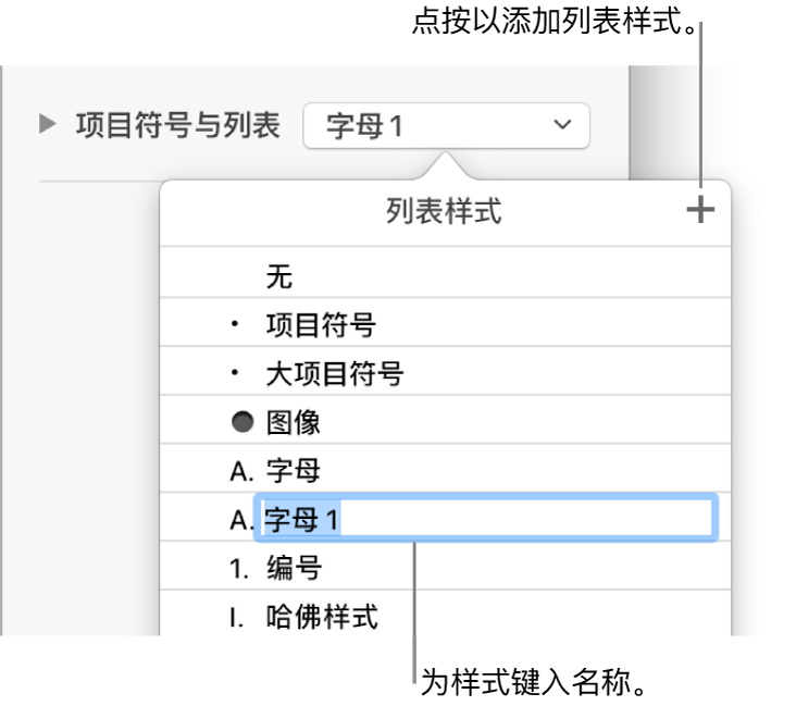 “列表样式”弹出式菜单，其中“添加”按钮位于右上角，占位符样式名称的文本被选中。