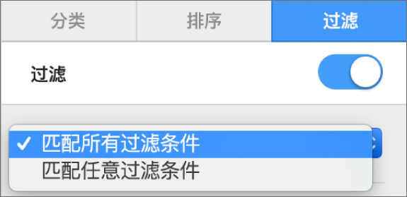用于在显示匹配所有过滤条件的行，或显示匹配任意过滤条件的行之间选取的弹出式菜单。