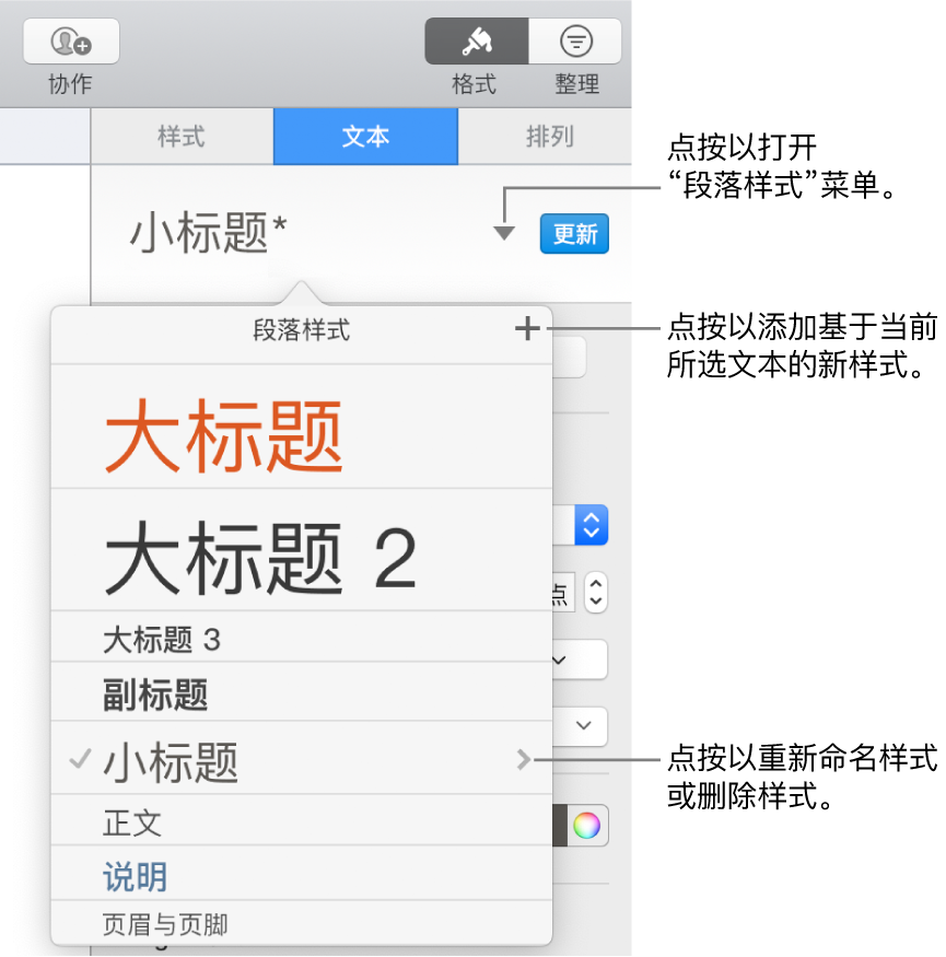 “段落样式”菜单，显示用于添加或更改样式的控制。