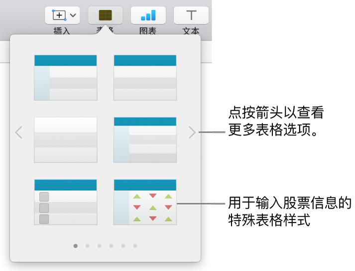 表格菜单，显示表格样式缩略图，右下角为用于输入股票信息的特殊样式。底部的六个圆点表示您可以轻扫来查看更多样式。