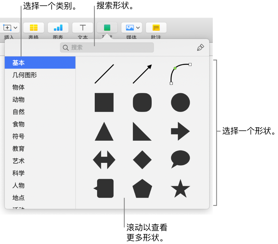 形状库，类别列于左边，形状显示在右边。您可以使用顶部的搜索栏来查找形状，还可以滚动来查看更多形状。