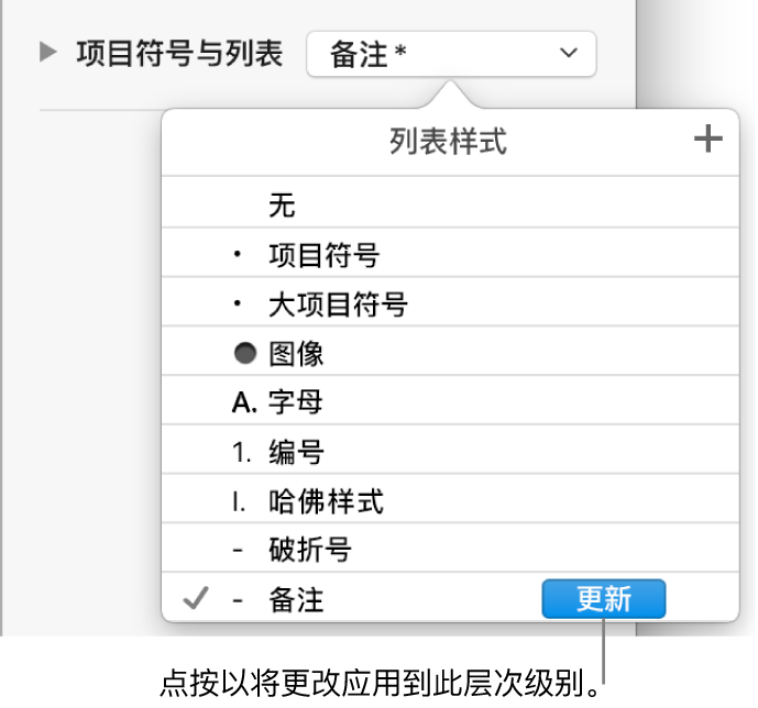 新样式的名称旁边具有“更新”按钮的“列表样式”弹出式菜单。