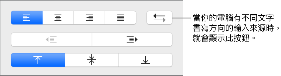 「格式」側邊欄「對齊方式」區域中的「段落方向」按鈕。