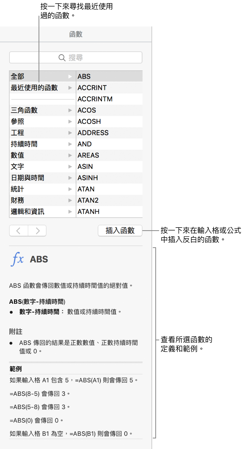 帶有說明文字的「函數瀏覽器」，指出最近使用的函數、「插入函數」按鈕以及函數定義。