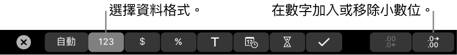 MacBook Pro 觸控列中帶有控制項目，用於選擇資料格式，以及加入或移除數字中的小數點位置。
