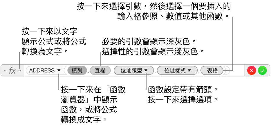 顯示 ADDRESS 函數與其引數代號的公式編輯器。