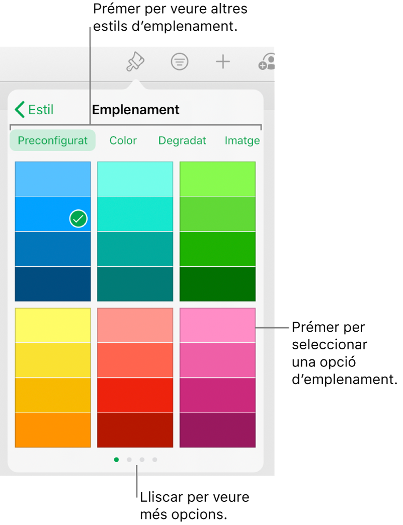 Opcions d’emplenament de la pestanya Estil del botó Format.
