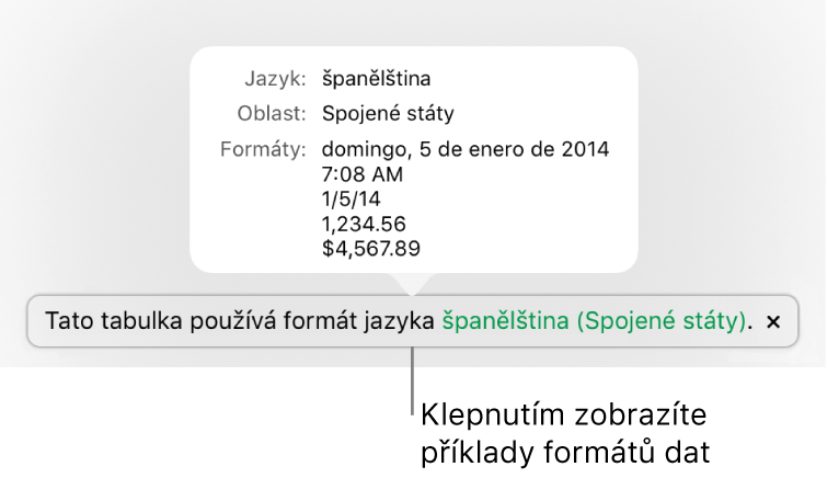 Upozornění na odlišné nastavení jazyka a oblasti s ukázkami formátování pro daný jazyk a oblast