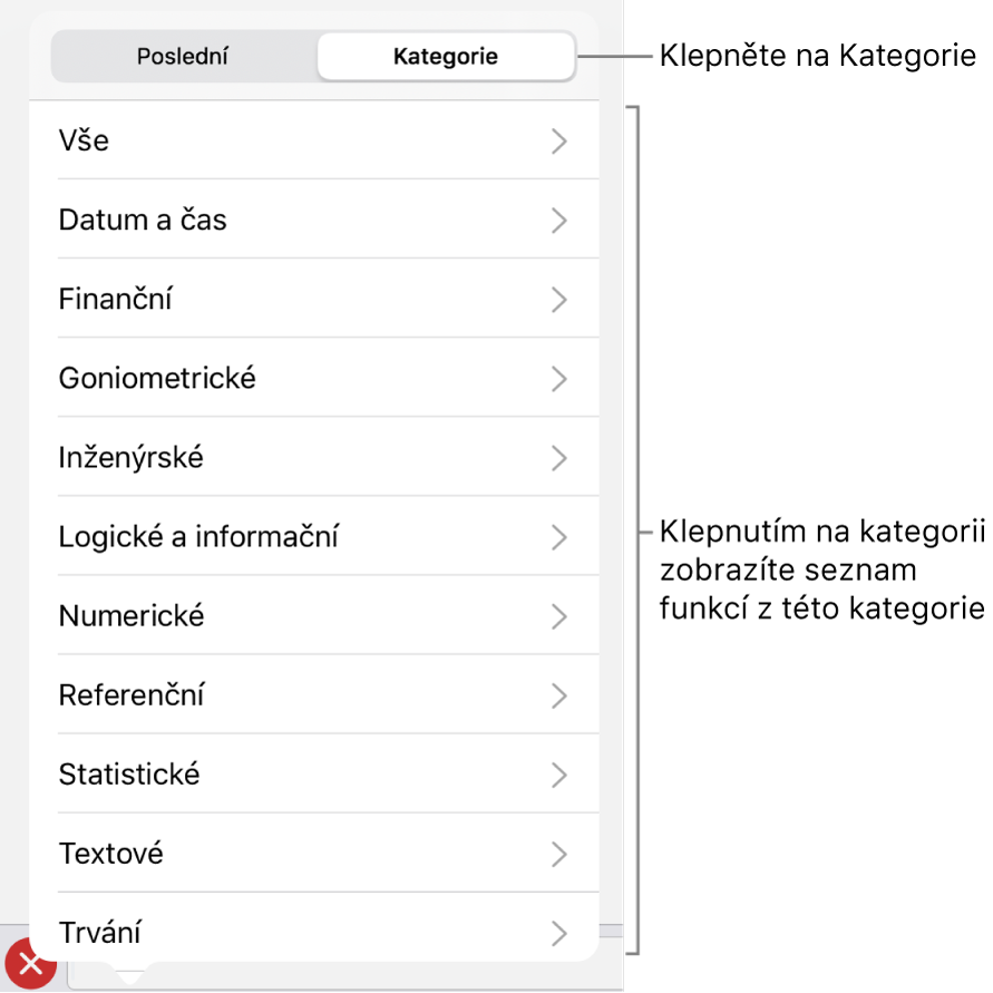 Prohlížeč funkcí s popiskem tlačítka Kategorie a seznamu kategorií